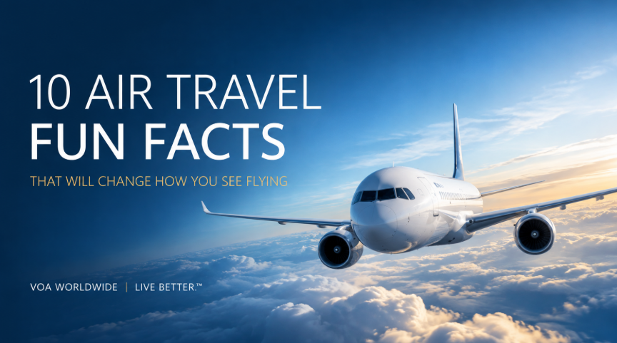 Passenger airplane flying above the clouds with the headline 10 Air Travel Fun Facts
