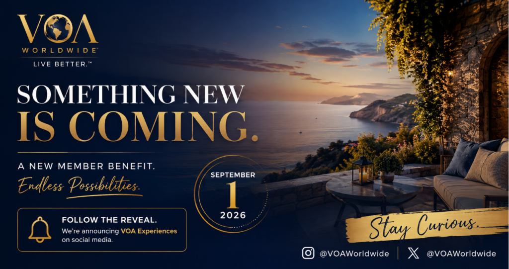 VOA Worldwide teaser announcing a new member benefit coming September 1, 2026, featuring a luxury Mediterranean travel setting and the message “Something New Is Coming.”