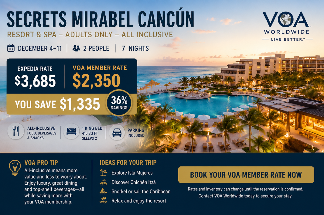 Secrets Mirabel Cancún adults-only all-inclusive resort vacation in Cancún, Mexico.