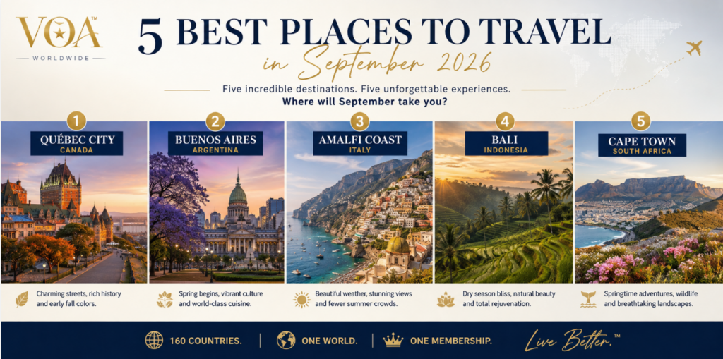 VOA Worldwide travel graphic featuring five recommended destinations for September 2026: Québec City, Canada; Buenos Aires, Argentina; the Amalfi Coast, Italy; Bali, Indonesia; and Cape Town, South Africa.