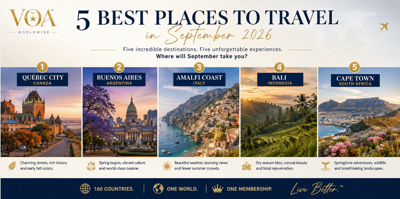 VOA Worldwide travel graphic featuring five recommended destinations for September 2026: Québec City, Canada; Buenos Aires, Argentina; the Amalfi Coast, Italy; Bali, Indonesia; and Cape Town, South Africa.