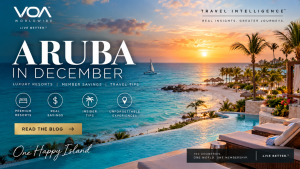 Luxury Aruba beachfront resort at sunset with turquoise Caribbean water, palm trees, infinity pool, and VOA Worldwide Travel Intelligence branding.