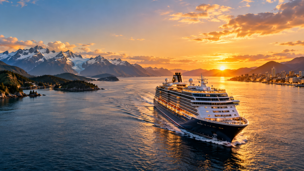 Cruise ship sailing across a coastal bay at sunset, with snow-capped mountains on one side and a city skyline on the other.