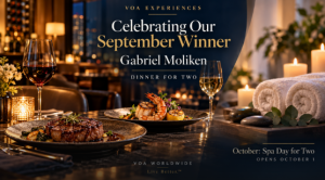 VOA banner celebrating Gabriel Moliken’s Dinner for Two win, with steakhouse dining imagery and an October Spa Day for Two preview.