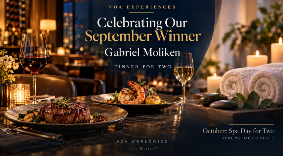VOA banner celebrating Gabriel Moliken’s Dinner for Two win, with steakhouse dining imagery and an October Spa Day for Two preview.