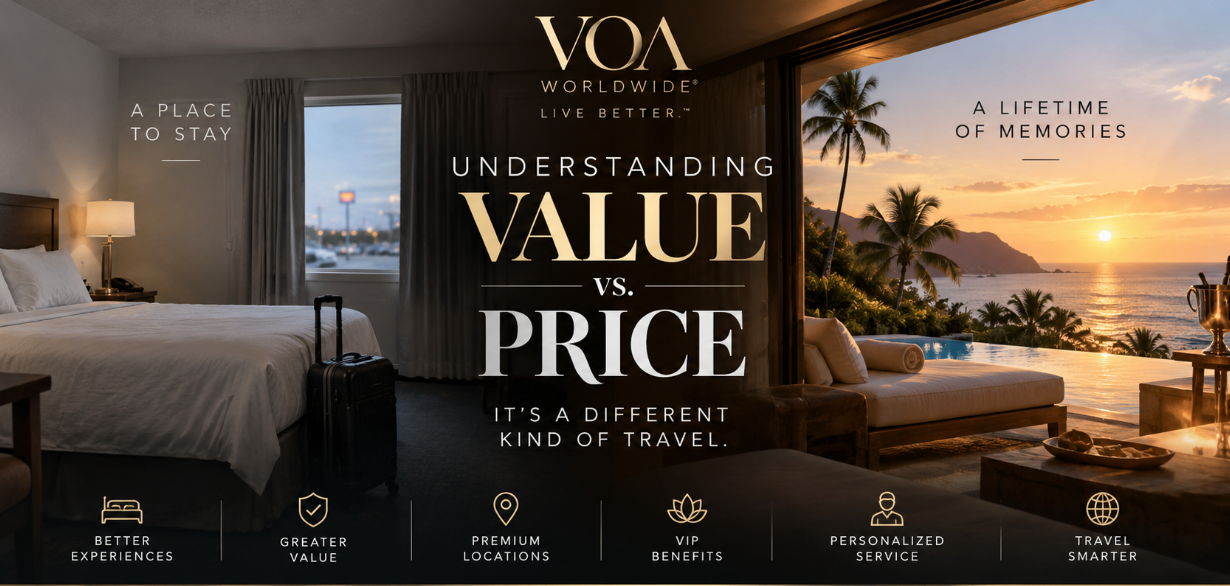 Side-by-side comparison of a standard hotel room and a luxury oceanfront resort suite, illustrating the difference between choosing the lowest price and investing in a higher-value travel experience. Branded by VOA Worldwide® with the message "Understanding Value vs. Price." Caption