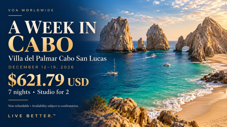 VOA Worldwide promotional graphic featuring an illustrated Cabo coastline and a seven-night studio offer for $621.79 USD, December 12–19, 2026.