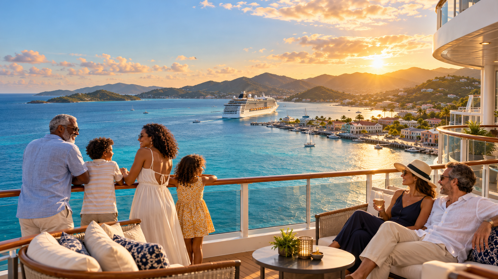 Family and couple enjoying a Caribbean cruise at sunset with a luxury cruise ship and tropical island in the background.