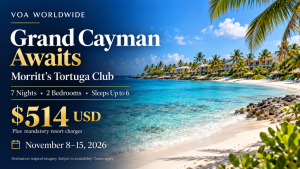 VOA Worldwide offer for Morritt’s Tortuga Club in Grand Cayman: seven nights, two bedrooms, sleeps up to six, November 8–15, 2026, for $514 USD plus mandatory resort charges, with an illustrative Caribbean beach background.