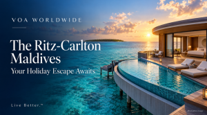 Illustration of a Maldives overwater villa with an infinity pool at sunset, featuring VOA Worldwide and Ritz-Carlton Maldives text.
